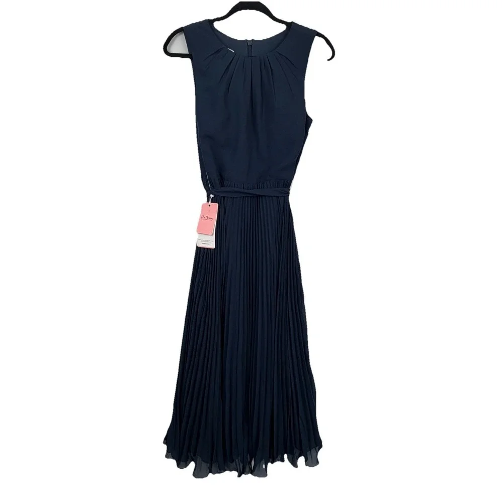 JJ House Women's Dark Navy Pleated Chiffon Midi Dress Sz 4